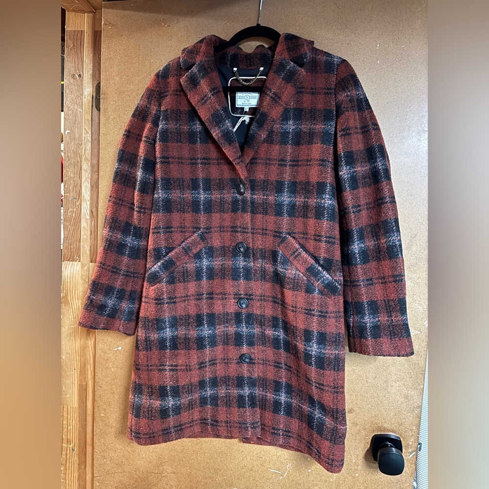 Fat Face Red and Black Plaid Pea Coat